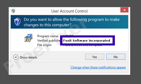 Screenshot where Foxit Software Incorporated appears as the verified publisher in the UAC dialog